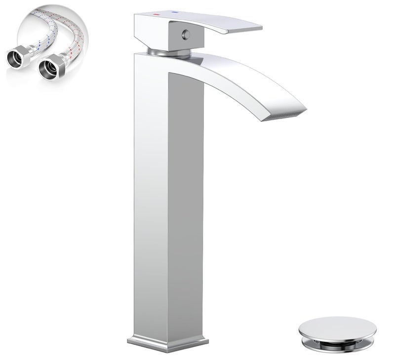 Green Spring Greenspring Chrome Vessel Sink Faucet, Waterfall Bathroom Faucets, Tall Spout Single Handle Single Hole Bathroom Faucets with Pop Up Drain and Without Overflow Basin Faucet Supply Line - Image 1